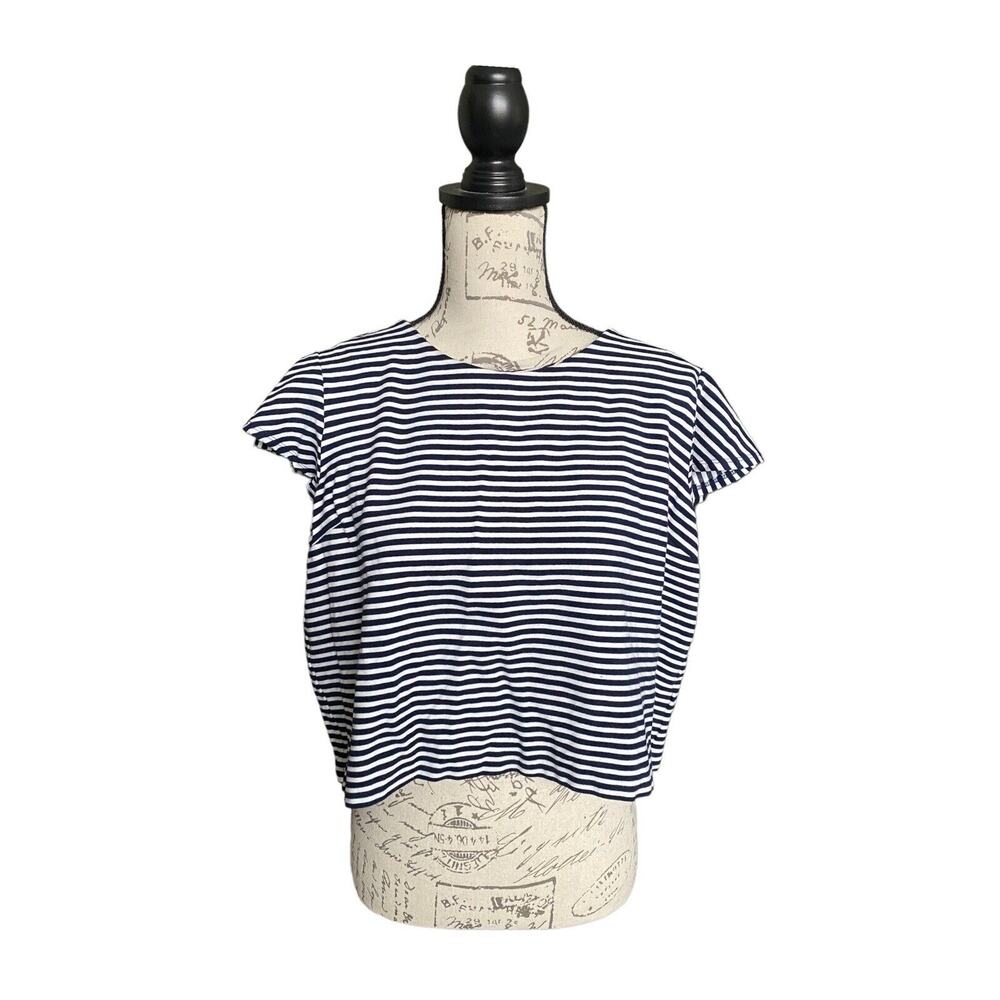 IMNYC Isaac Mizrahi Women's Navy Stripe Crop Top Blouse 1/4 Zip Back Size Large
